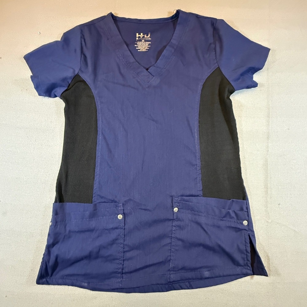 Beverly Hills Uniforms Scrub Top Navy Blue Black Side Panels V-Neck XS 2353